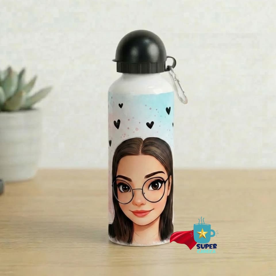 Garrafa Squeeze Foto Caricatura Alumínio 600ml Branca Personalizada Presente Personalizado