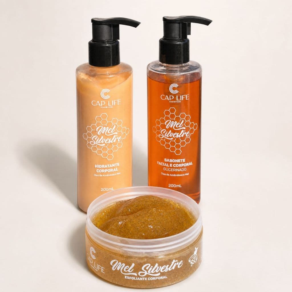 Kit Mel Silvestre Cap Life Completo 3 Itens Skincare Corporal Hidratante Sabonete Esfoliante