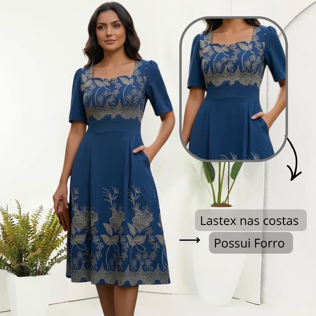 Vestido Midi Feminino Estampado Moda Evangélica Elegante Forrado Premium Com Bolsos Moda Casual