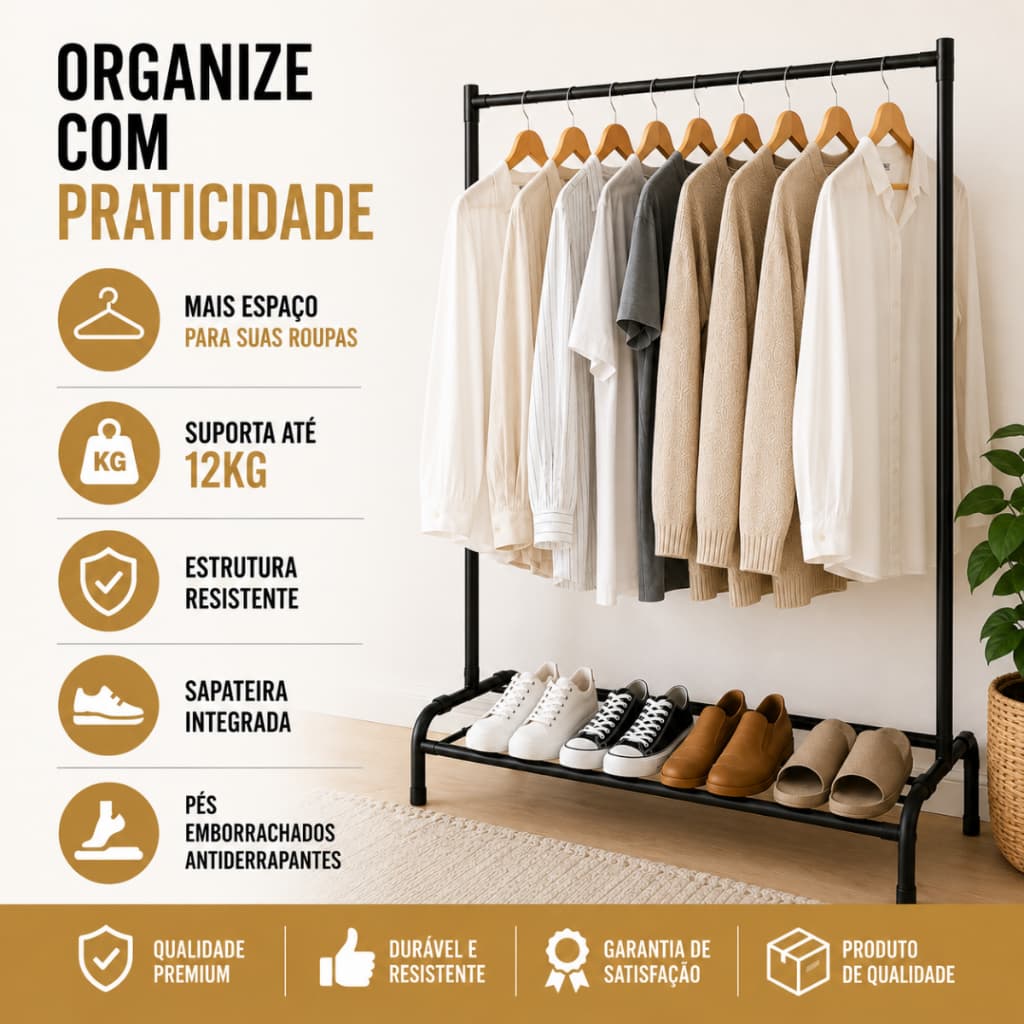 Arara De Roupas Com Sapateira E Cabideiro Desmontável Aço Industrial Closet Quarto Loja Casa