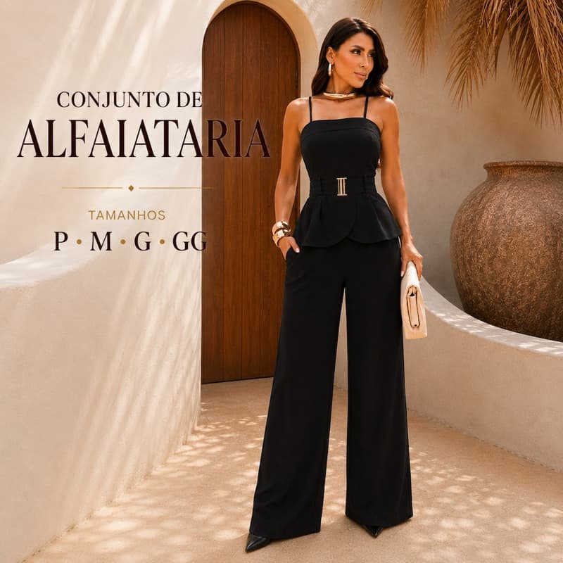 Conjunto Alfaiataria Feminino Blusa Peplum Cinto Calça Pantalona Elegante Social Festa Casual Trabalho Passeio