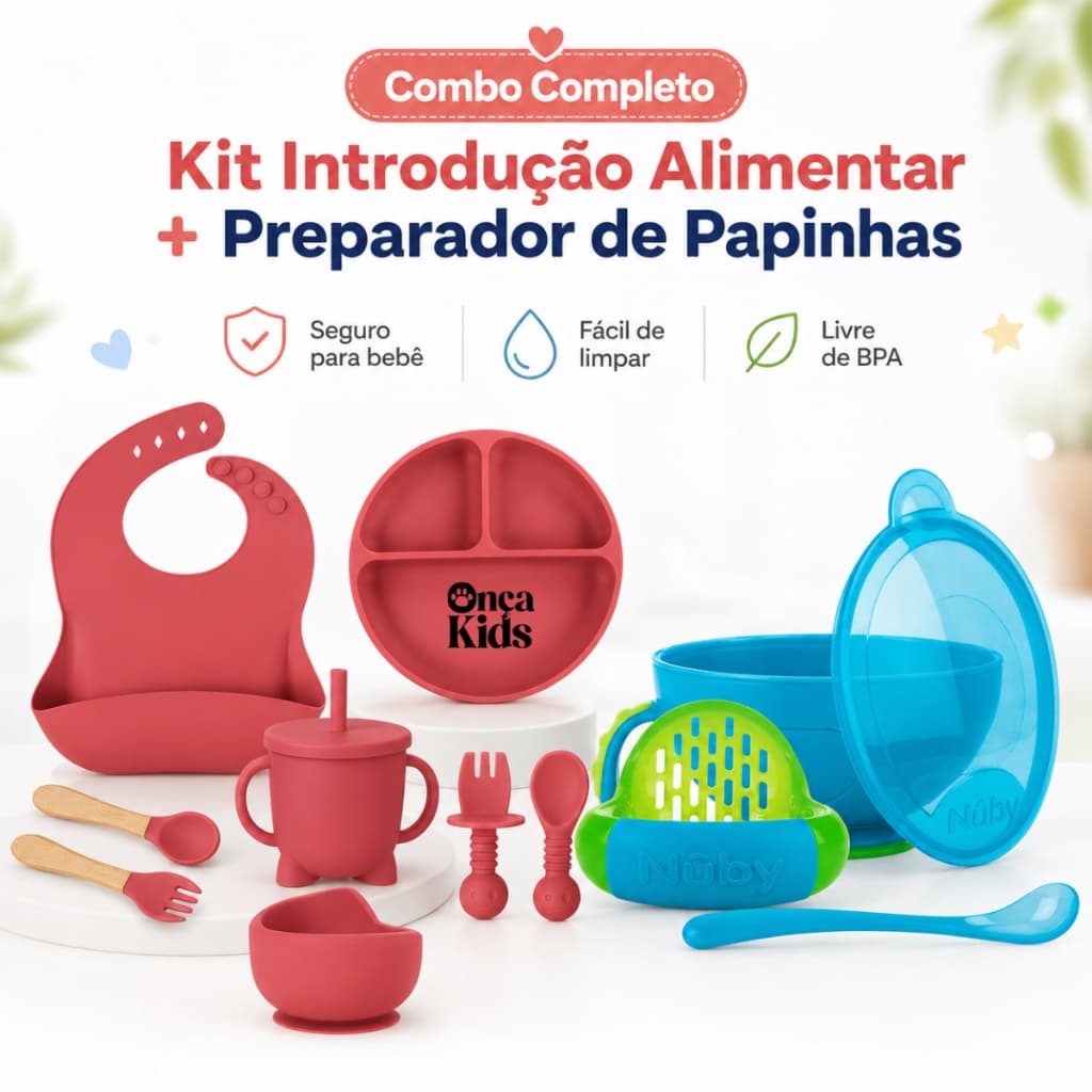 Kit Introdução Alimentar Silicone Bebê + Preparador Papinha Talheres Babador Prato Ventosa Colher