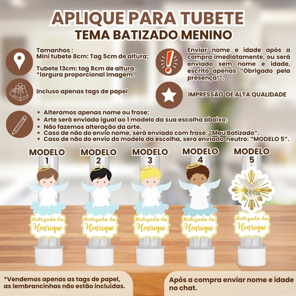 Apliques para Mini Tubete 8cm ou Tubete 13cm 3d Tema meu batizado menino | Tag Personalizado com Nome e Idade