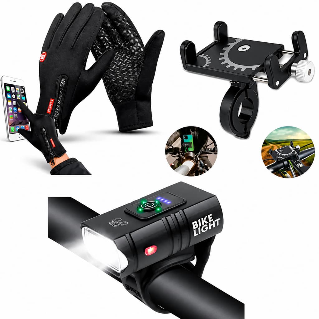 kit Ciclismo Bike Farol led +Luva Touch Termica+Suporte Celular Aluminium (ENVIO IMEDIATO)