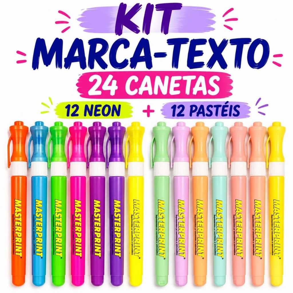 Kit 24 Canetas Marca-Texto Masterprint Neon e Pastel | Cores Vibrantes para Estudo e Escritório