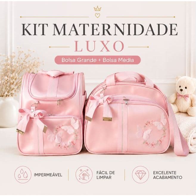 Bolsa Maternidade Luxo Borboleta 2 Peças Impermeável Rosa Bebê
