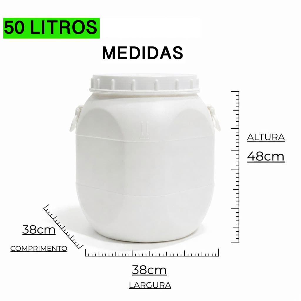 Bombona 50 Litros Branca Barril Tambor Alça Tampa Dupla Resistente Fácil Transporte Boca Larga