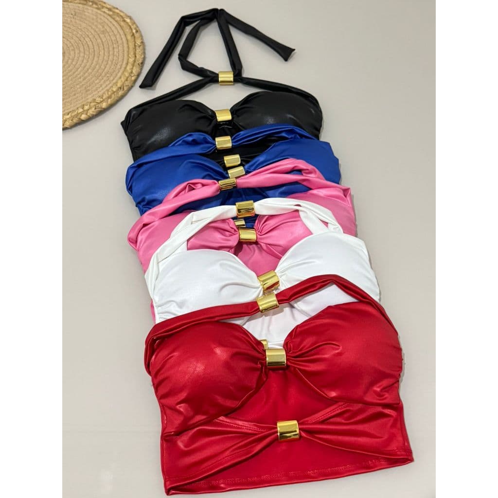 Cropped Ray top blusa feminina cropped em Cirrê Acetinado com bojo e detalhe dourado Blusa Feminina lisa