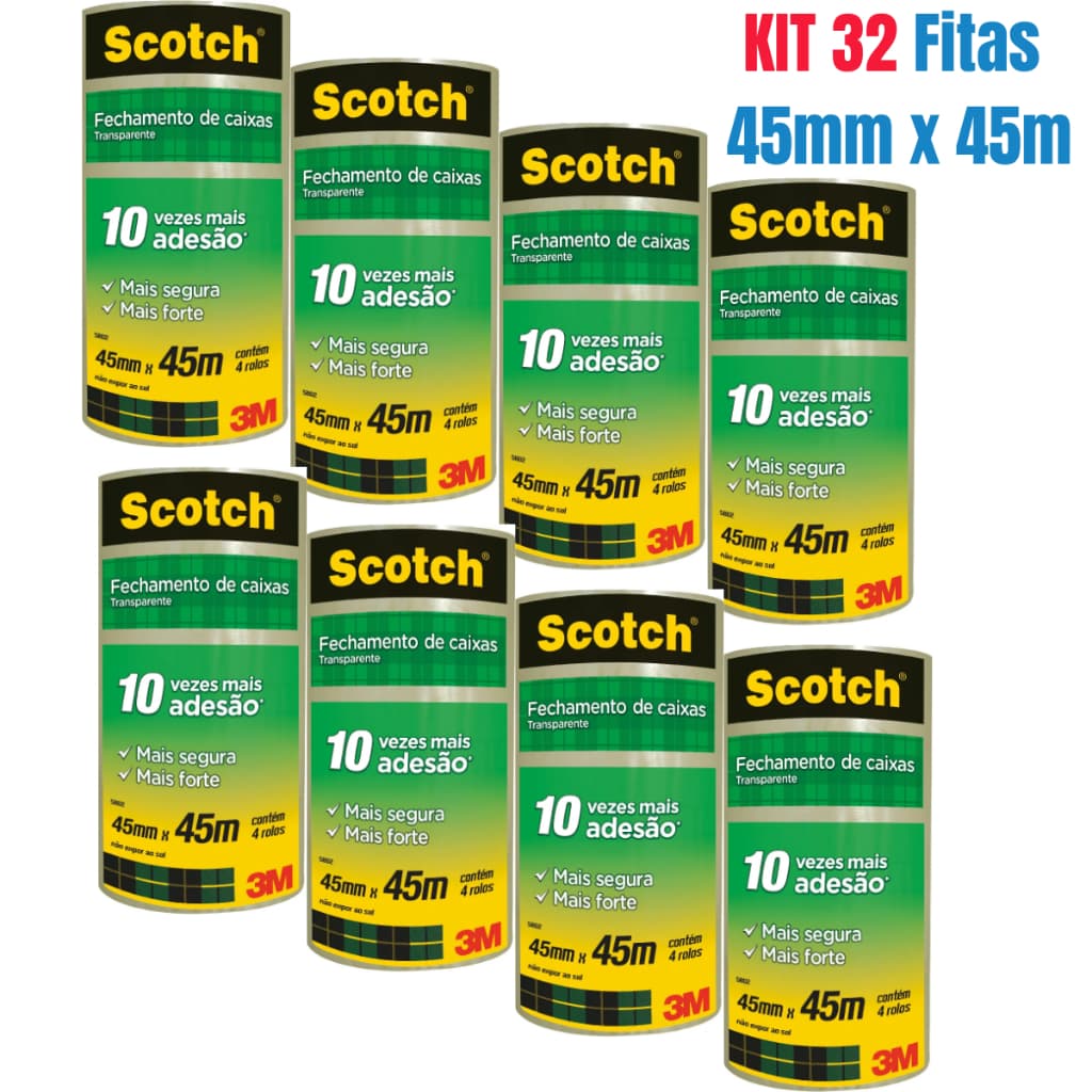 Kit 32 - Rolos Fita Adesiva 3M Scotch De Empacotamento Transparente 45mm x 45m – 10x Mais Adesão
