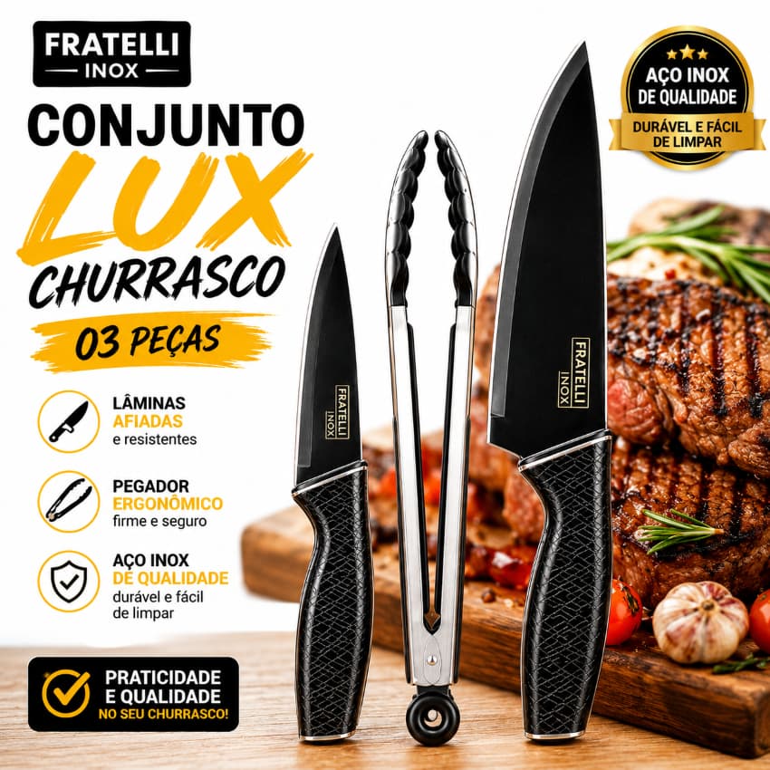Conjunto Lux Churrasco Fratelli Inox 3 Peças sendo 2 Facas Afiadas + Pegador