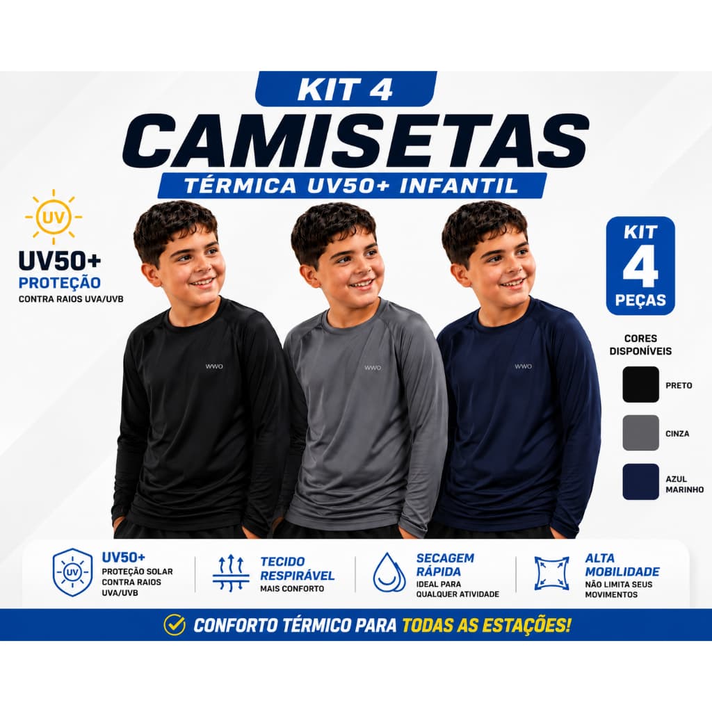 Kit 3 ou 4  ou 1 Camisa térmica infantil proteção solar segunda pele Original'
