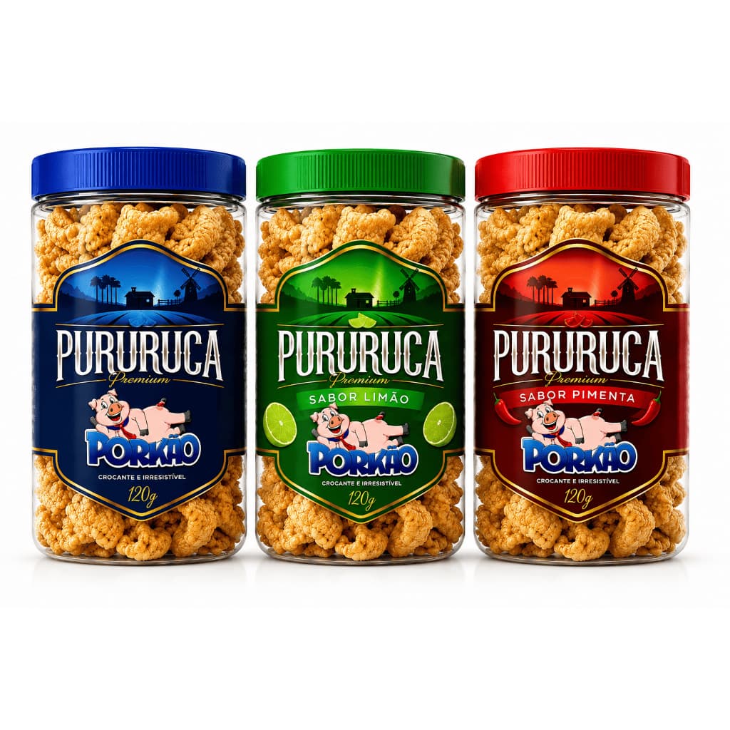 Pururuca Porkão 120g Petisco Crocante Sabor Natural Limão e Pimenta Pele Suína Torrada Snack Salgado Tradicional
