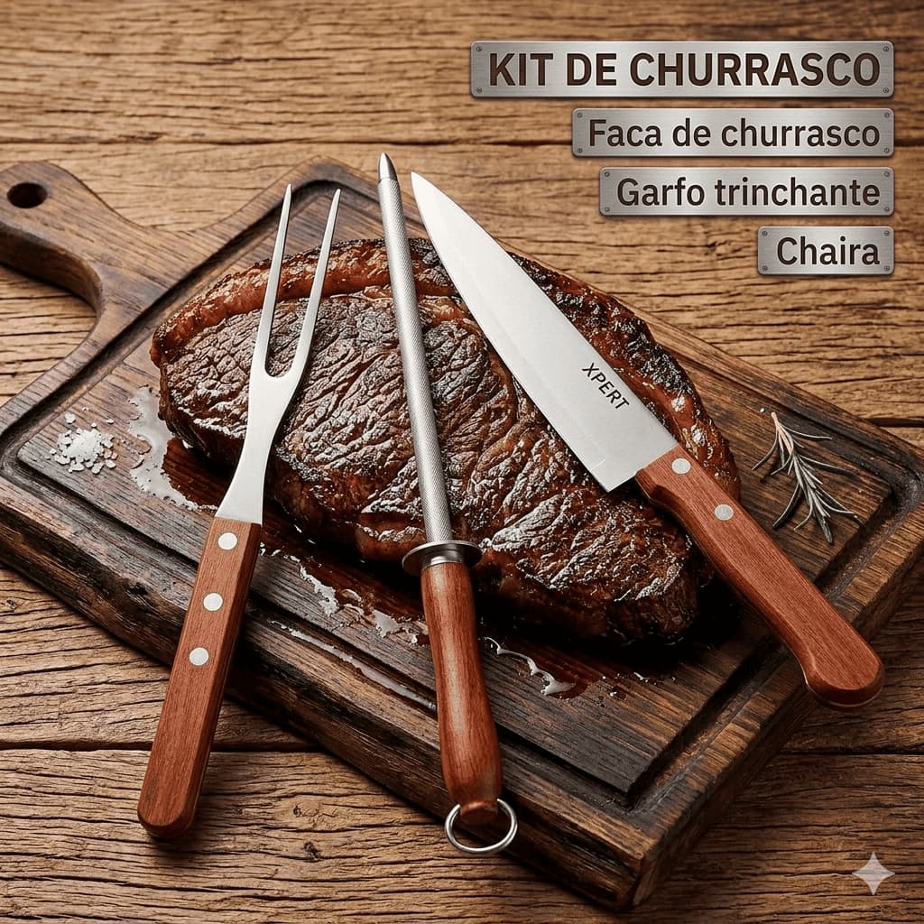 Kit 3 Pecas Churrasco Faca Garfo Chaira Amolador Inox Cabo Madeira Churrasceiro Afiador Facas