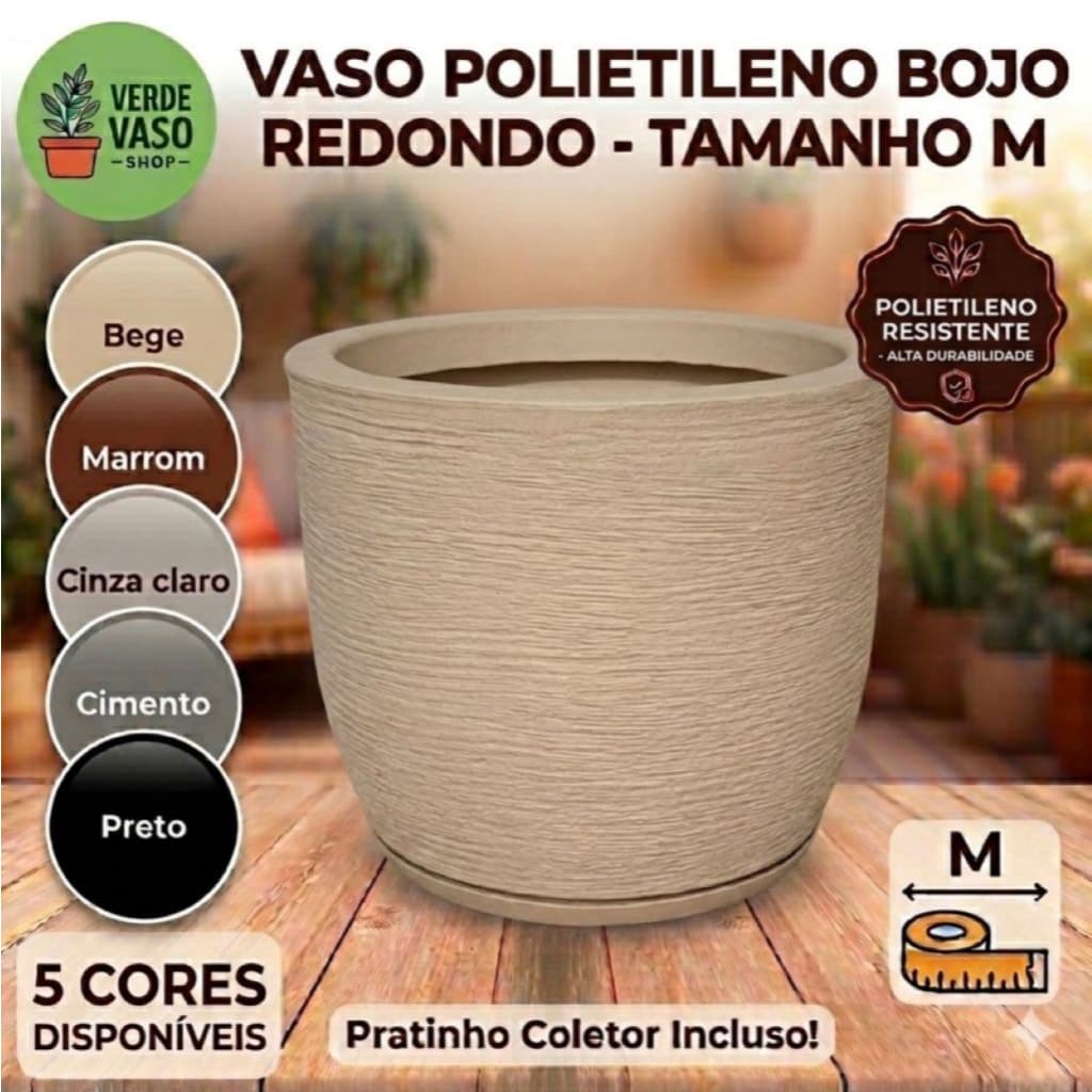 Vaso de Plástico Polietileno para Plantas com Prato Bojo Redondo Textura Grafiato Tam M