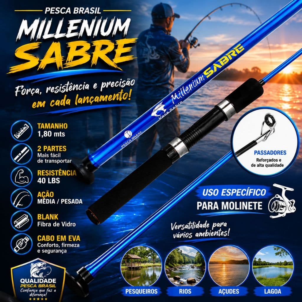 VARA DE PESCA MACIÇA PARA MOLINETE SABRE 1.80 MT 2 PARTE 40 LBS PESCA BRASIL