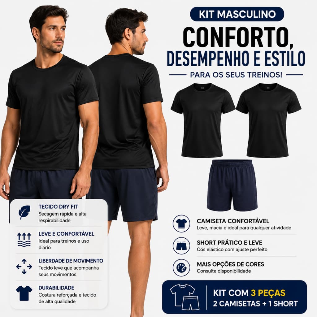Kit Short Marinho + 2 Camisetas Masculina  Esporte Treino Dryfit, Academia Corrida