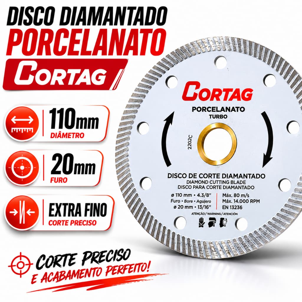 Disco Diamantado Porcelanato Cortag 110mm Furo 20mm Extra Fino Sem Lascar Profissional