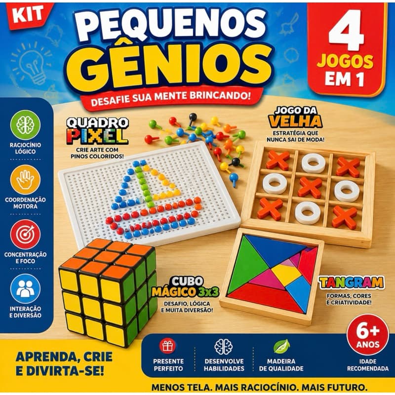 Kit Educativo Infantil 4 em 1 Cubo Mágico 3x3 Tangram Jogo da Velha Pixel Art Raciocínio Lógico 6+