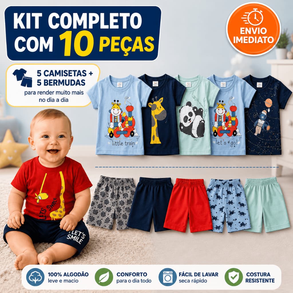 Kit 10 Peças de Roupas Menino Conjunto Infantil Verão 5 Camisas + 5 Bermudas 100% Algodão Bebê