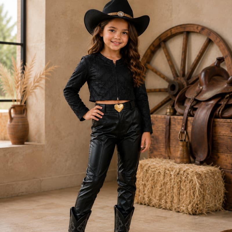 Conjunto Mini boiadeira 3 peças Couro Fake Preto e Branco Jaqueta Cropped + Calça Festa Junina com Cinto Coração 4 ao10