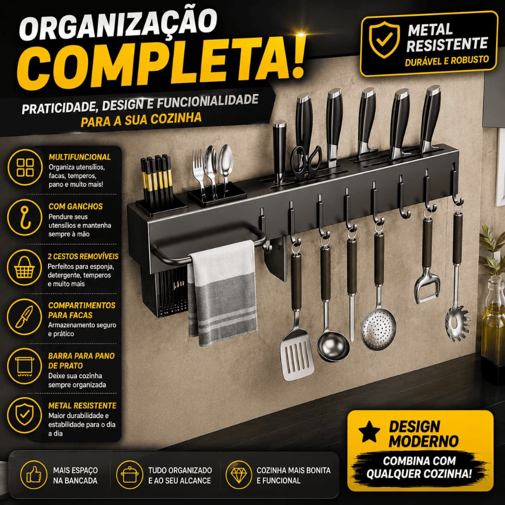 Prateleira Organizadora de Cozinha Suporte Multifuncional Metal com Gancho Rack De Pano Porta Toalha
