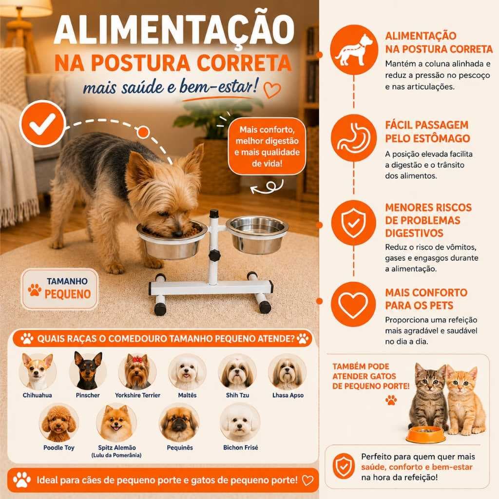 Comedouro Duplo Elevado Alto Ajustável Regulável P para Cachorros e Gatos