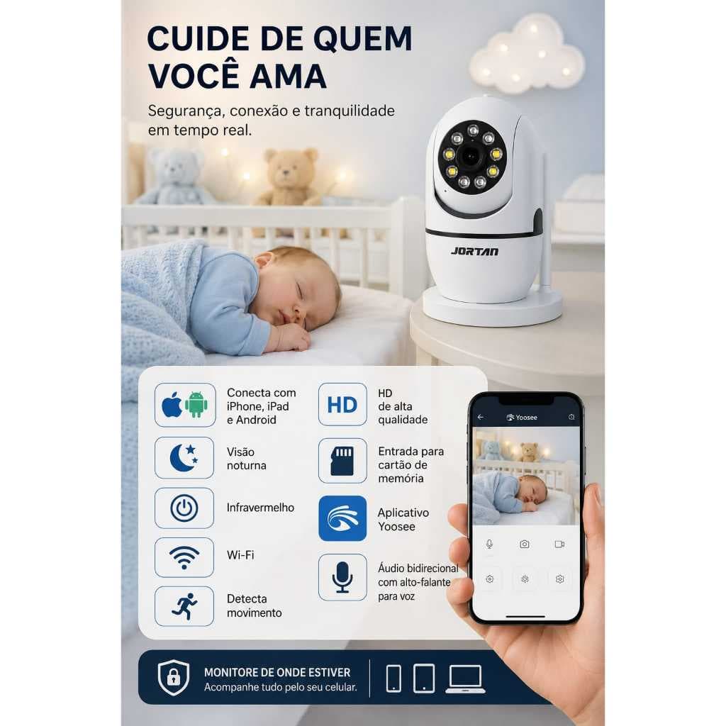 Câmera Baba Eletrônica Wi-fi HD 360 App Yoosee Visão Noturna Áudio Detecção Movimento Remoto