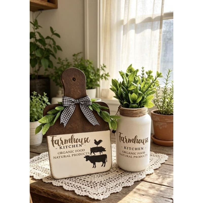 Kit Decorativo Cozinha Rústico Farmhouse Placa e Vaso Pote