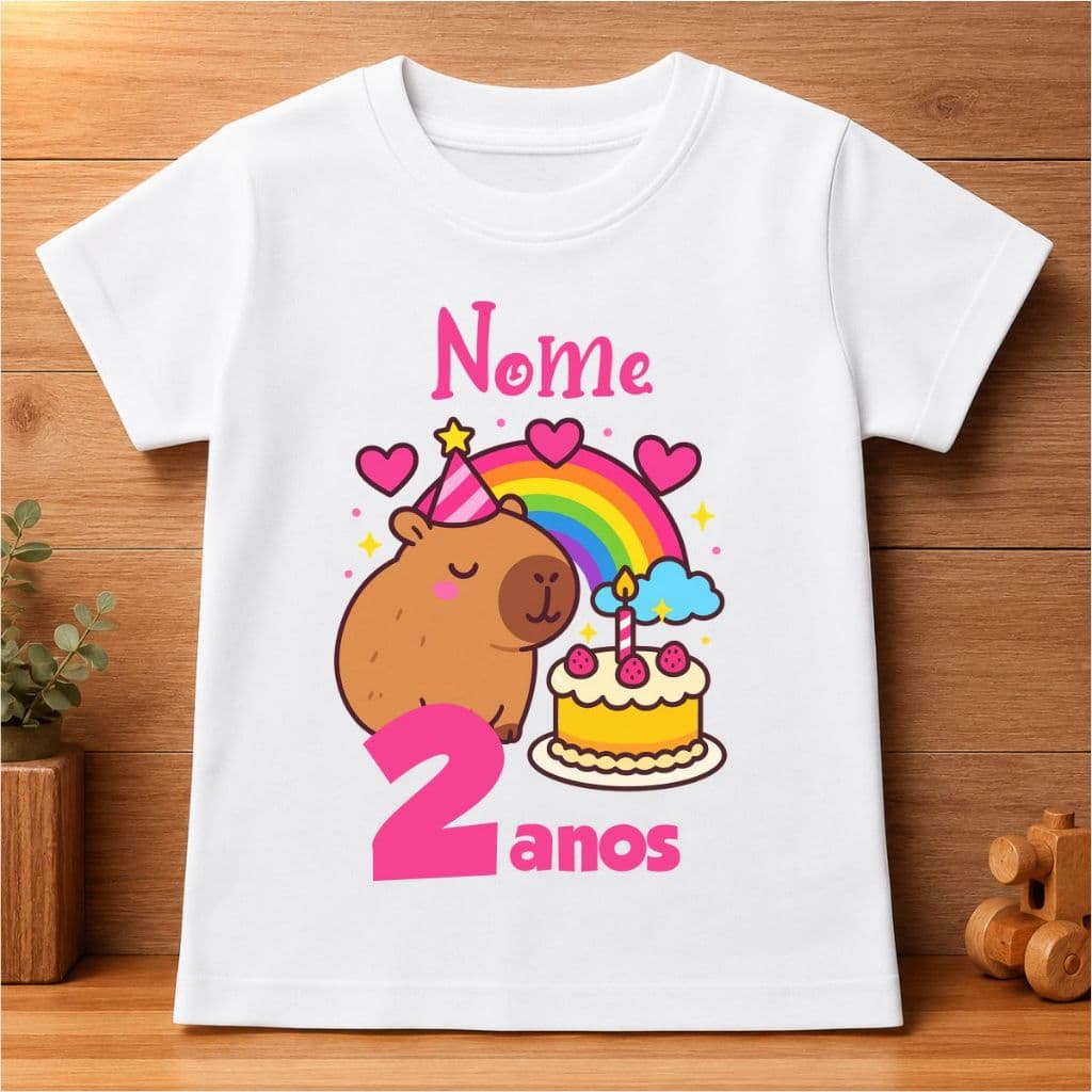 Camisa Personalizada Infantil Capivara menina aniversário Bolo Arco-íris - Informar Nome