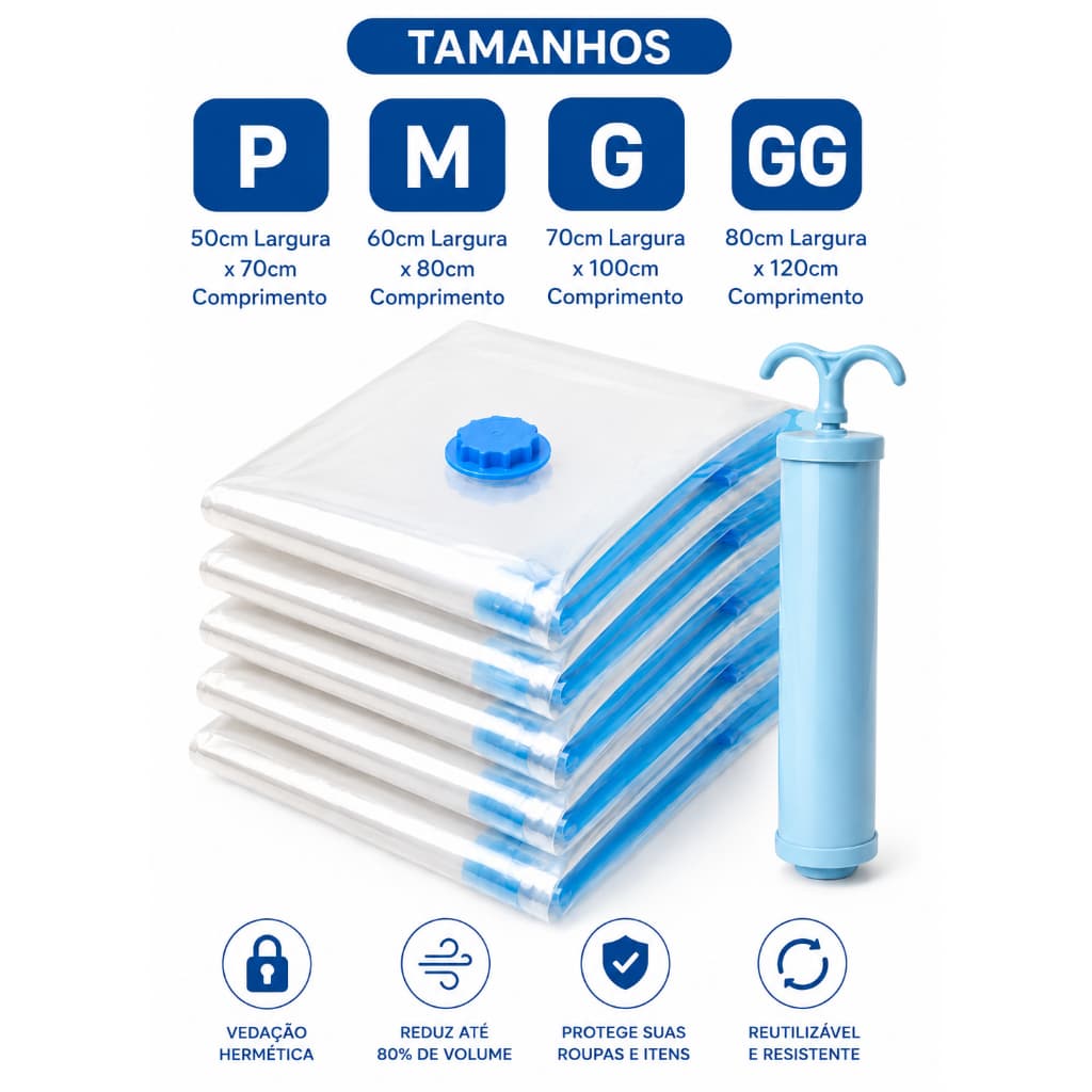 Kit Saco a Vácuo para Roupas | Organizador com ou sem Bomba | Economiza Espaço Organizar / Viagem