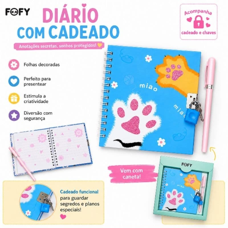 Diário Fofy Gatinhos Azul Cadeado Caneta Papelaria Fofa Kawaii Presente Menina Volta Às Aulas