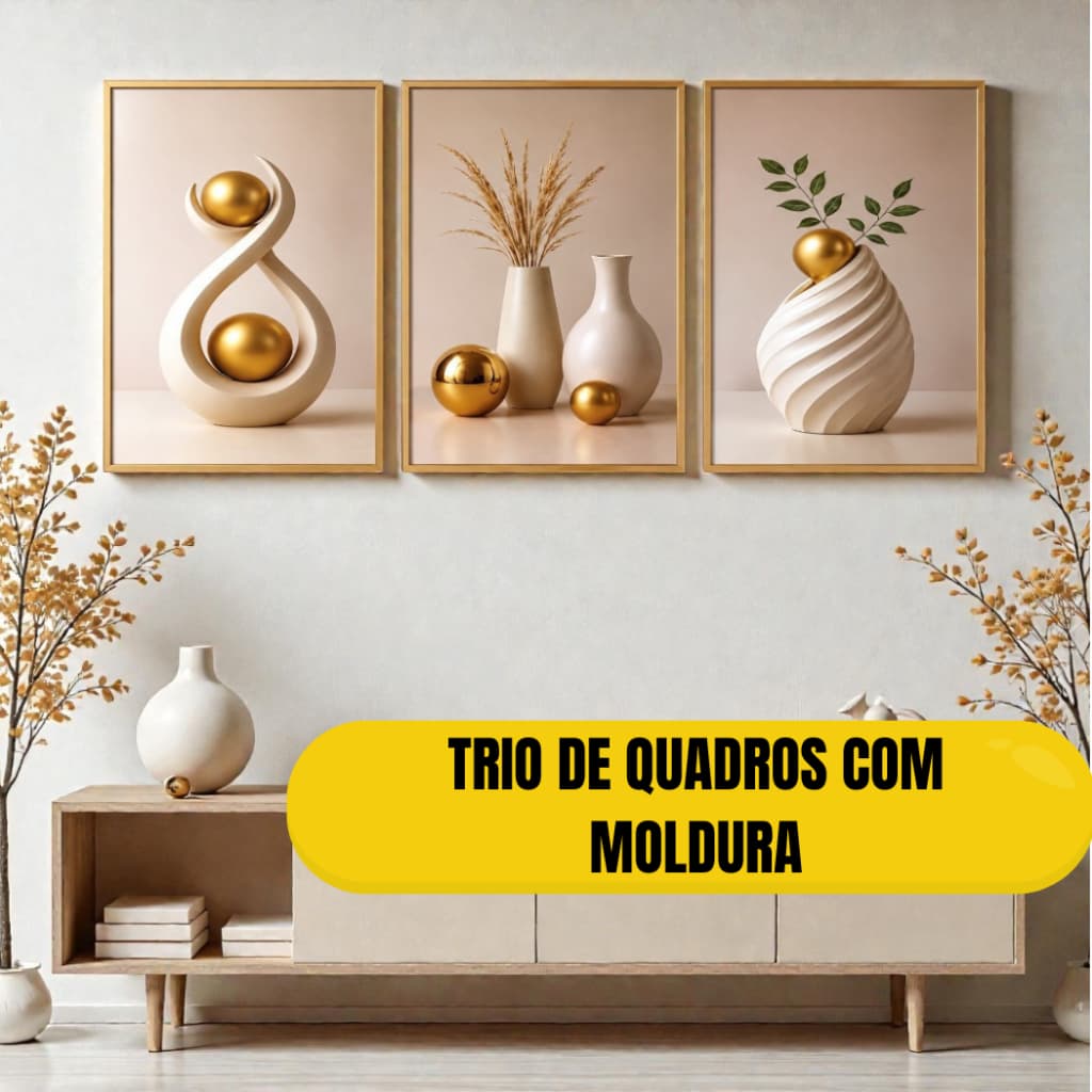 Quadro Decorativo Trio com Moldura Abstrato Geométrico Dourado Moderno Decoração Sala e Escritório