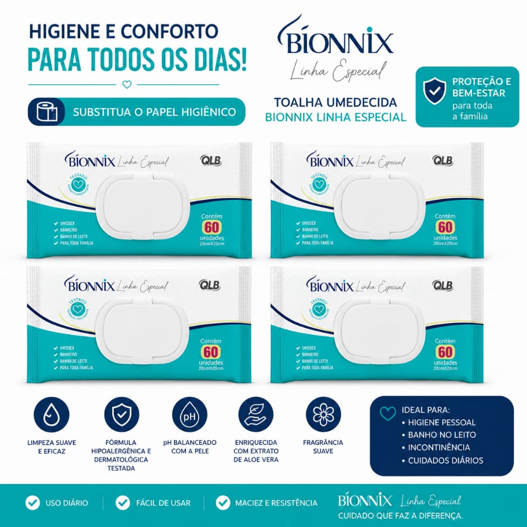Kit com 4 pacotes de toalhas umedecidas adulto  Bionnix
