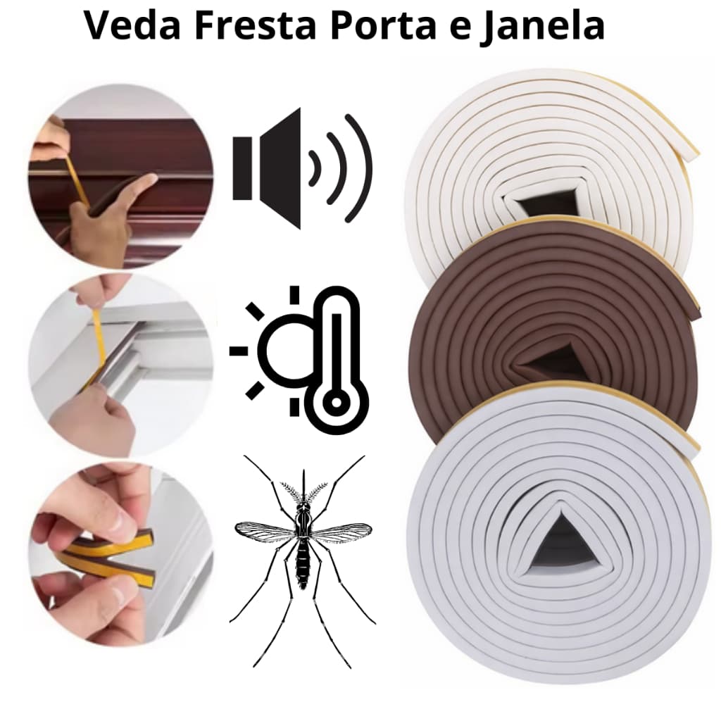 Fita adesiva Veda fresta borracha porta janela isolamento térmico acústico anti ruído barulho inseto