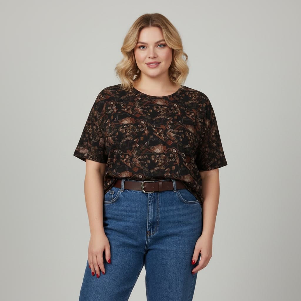 Blusa Feminina Estampada Vintage Marrom Manga Curta Soltinha Leve Casual Elegante