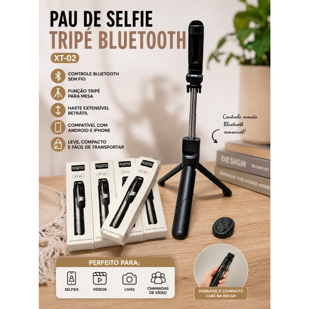 Pau De Selfie Tripé Bluetooth XT-02 Controle Remoto Extensível Para Celular