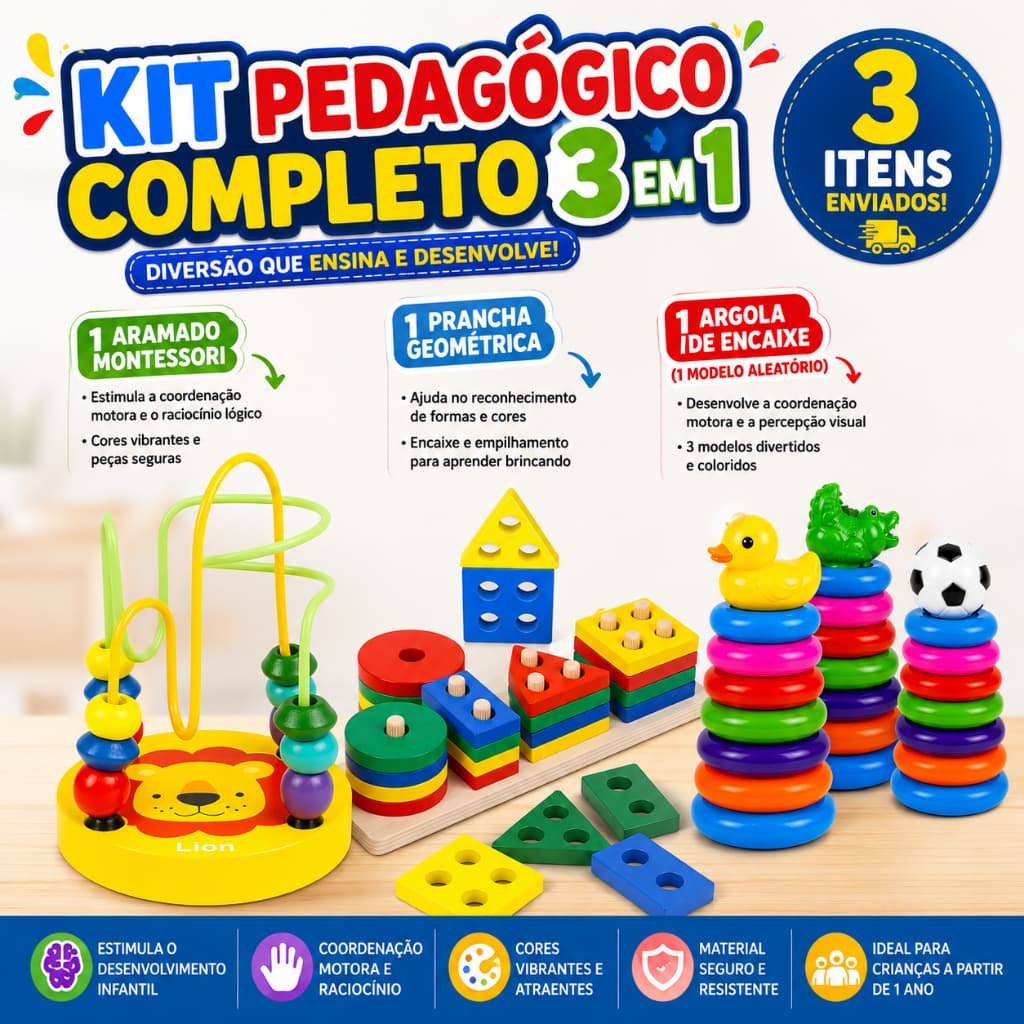 Kit Pedagógico Completo 3 Em 1 Montessori Aramado Prancha Geométrica Argolas Educativo Infantil