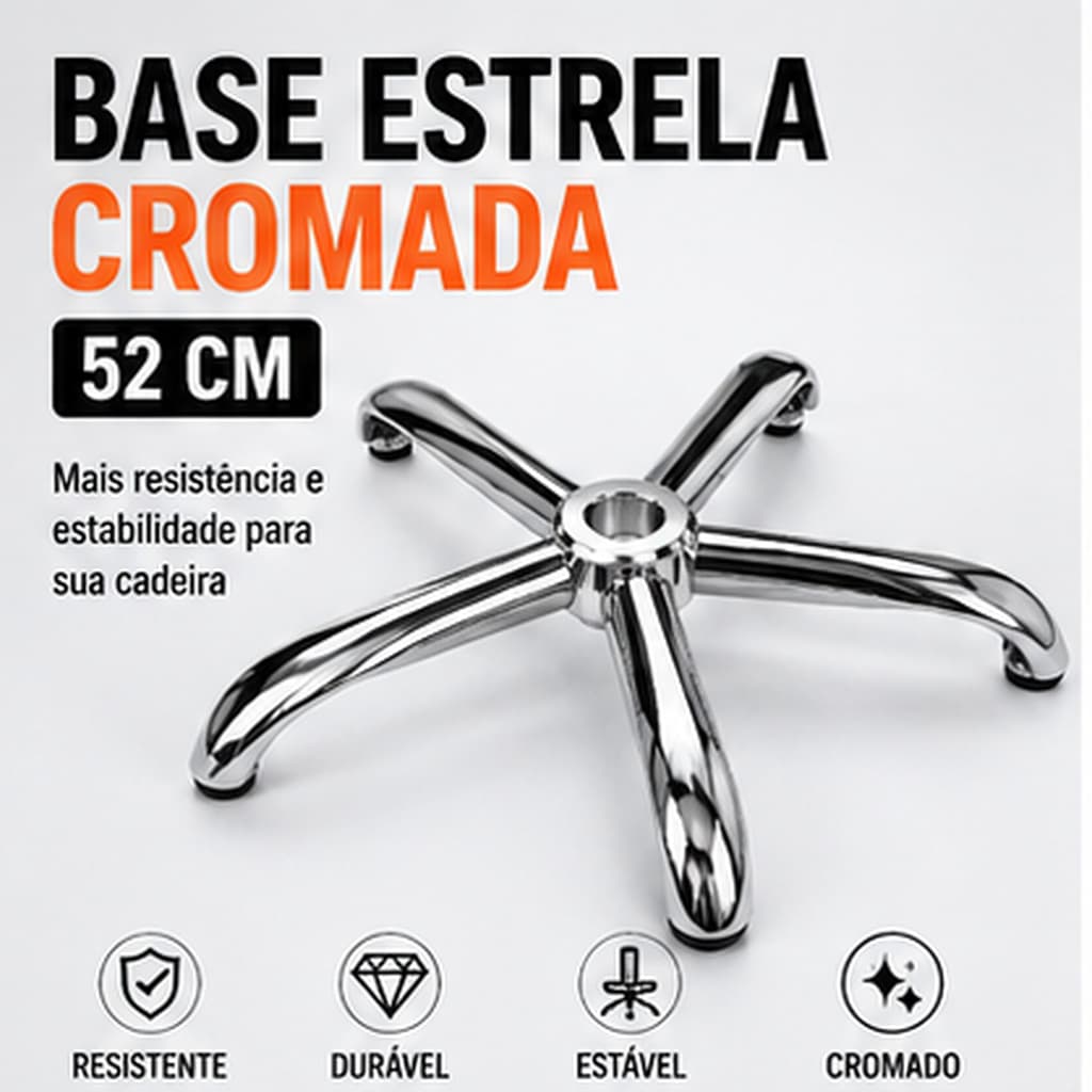Base Estrela Cromada 52cm Reforçada Para Mocho Giratório E Cadeira De Escritório