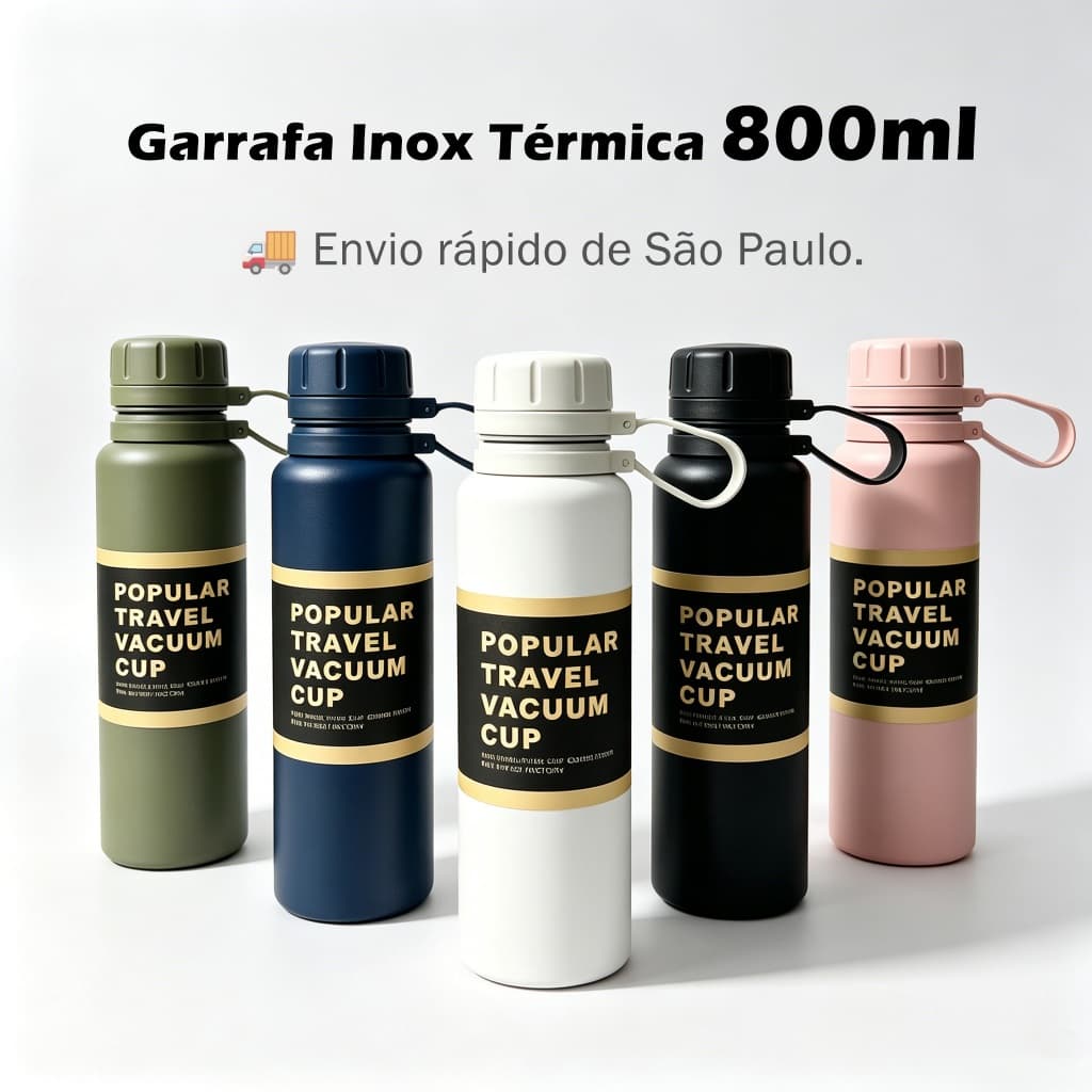 Garrafa Térmica 800ML Aço Inox Parede Dupla Vácuo Antivazamento Com Alça Água Gelada Academia Esporte