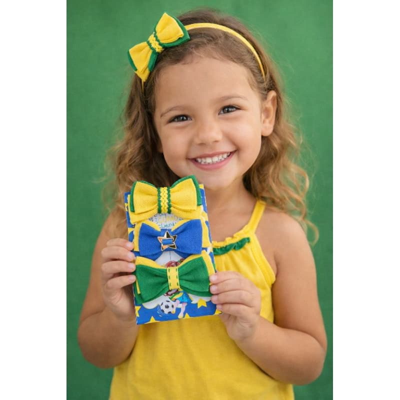 Kit Laços Brasil   3 Peças Luxo Verde Amarelo Azul Perfeitos para Torcer com Estilo