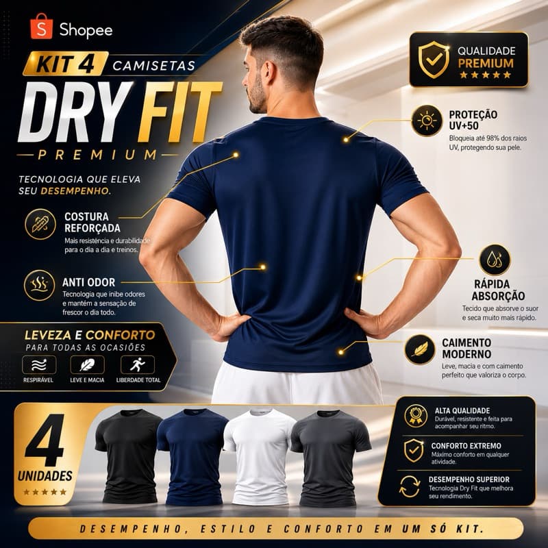 Kit 4 Camisetas Dry Fit Masculina Premium Academia Fitness UV50 Anti Suor Respirável