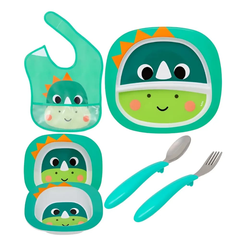 Kit Refeição Completo Prato Divisória, Talheres, Bowl e Babador Buba