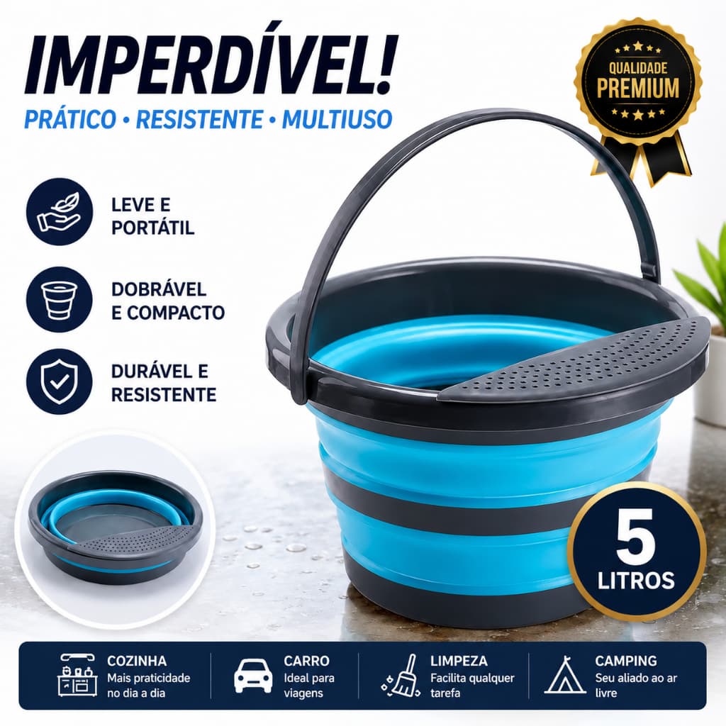Balde Dobrável Retrátil 5L Multiuso | Compacto, Portátil e Ideal para Limpeza, Camping e Viagens