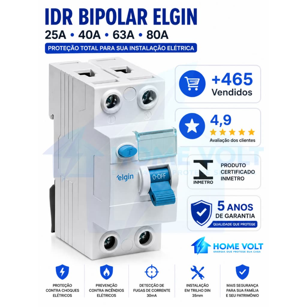 IDR Bipolar Elgin 25A 40A 63A 80A DR Diferencial Residual INMETRO 5 Anos Garantia Proteção Total Pro
