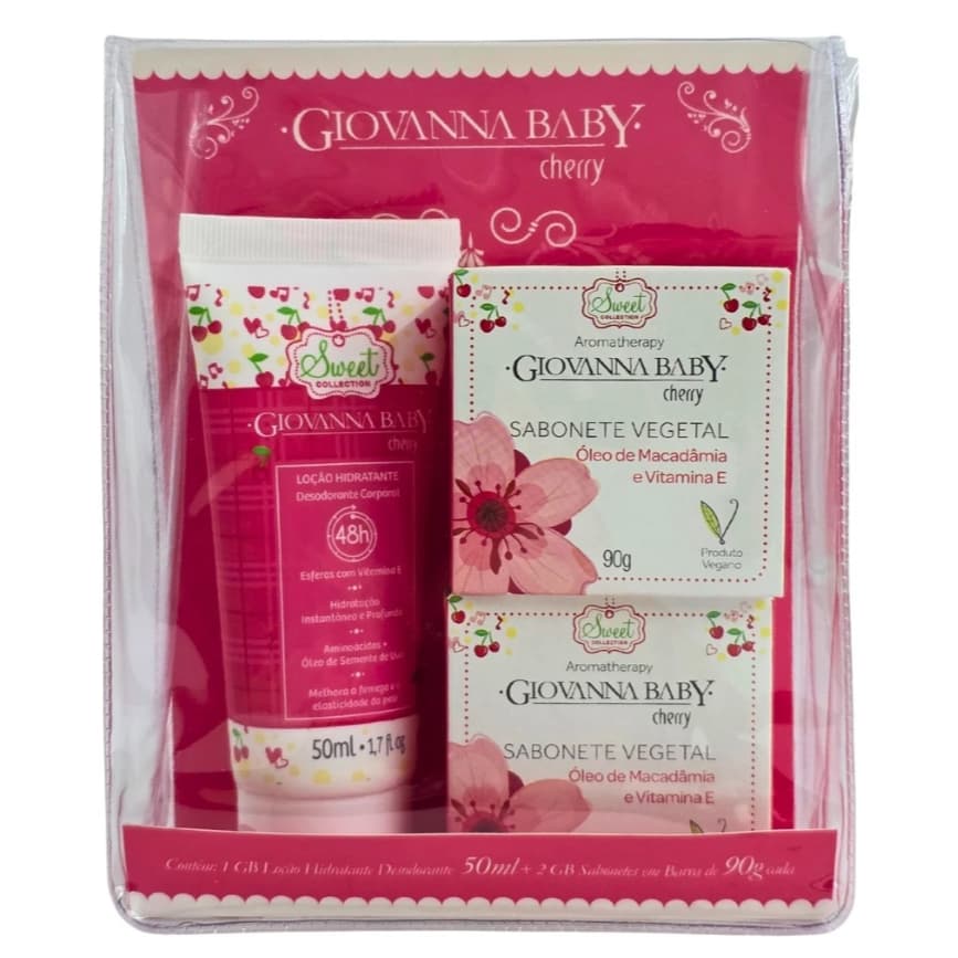 KIT GIOVANNA BABY LOÇÃO HIDRATANTE 50ml+2 SABONETES OLEO DE MACADAMIA 90g CADA CHERRY