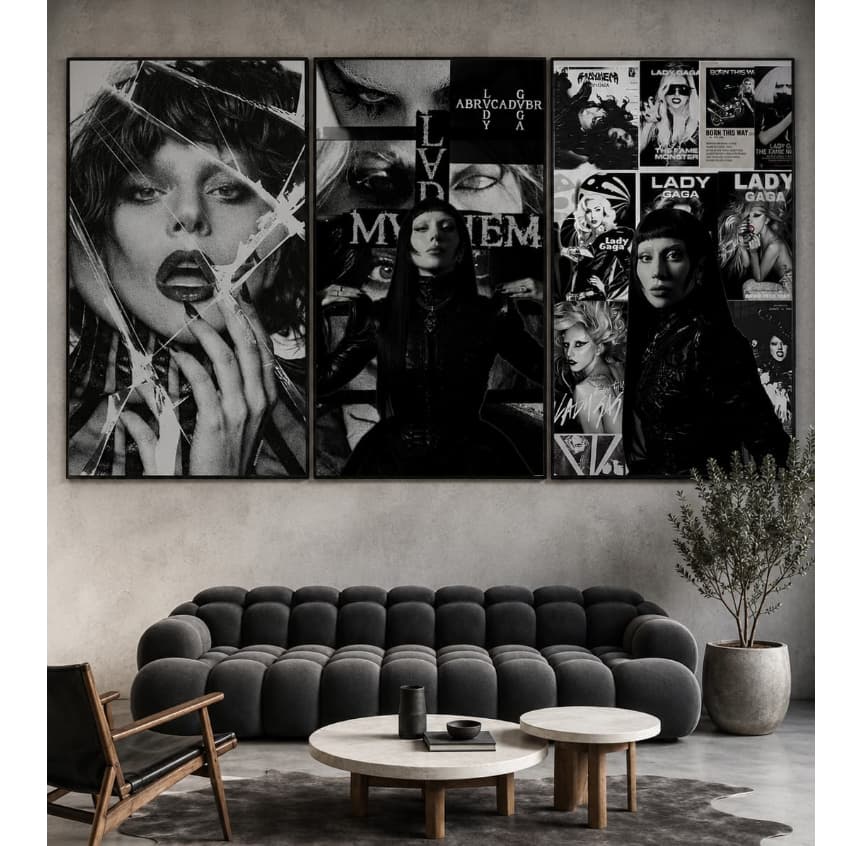Kit Quadro Decorativo 3 Peças Lady Gaga Cantora Mayhem Álbum Música Fã Sala Quarto