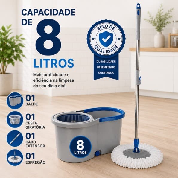 Mop Giratório Desaguador 360 Sistema Duplo Balde Centrífuga Limpeza Prática Doméstica 8 litros