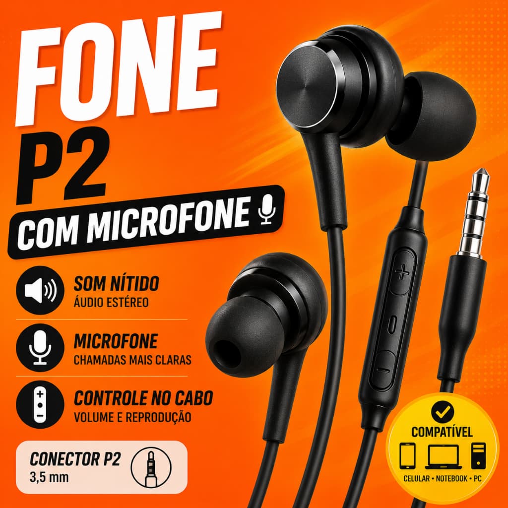 Fone de Ouvido P2 com Microfone Integrado Som Estéreo para Celular PC Notebook
