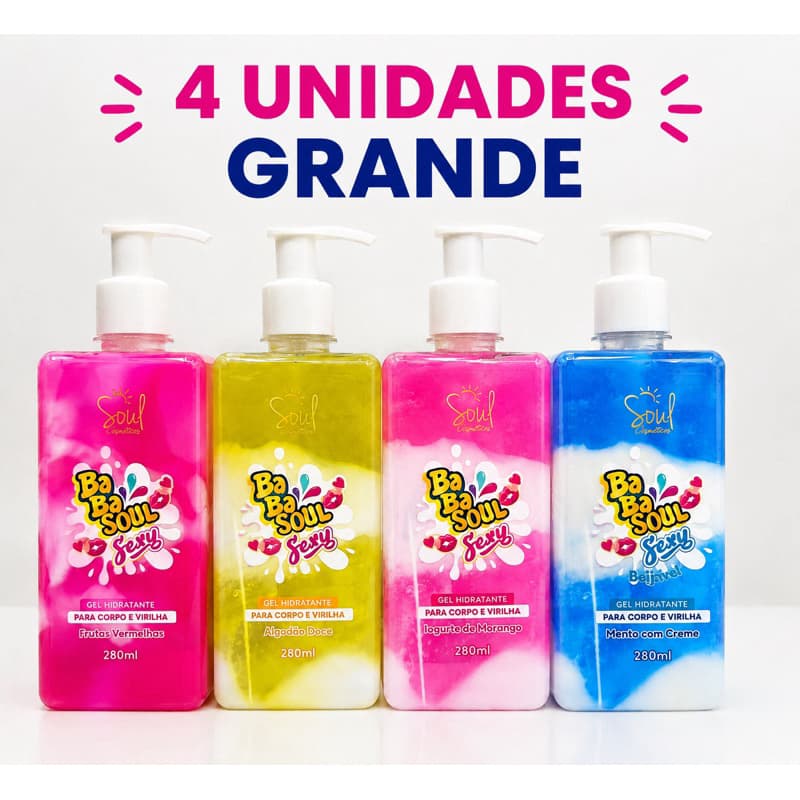 Kit 04un Gel hidratante Corporal e área da virilha 280ml Soul Cosméticos (01 de cada Fragrância)