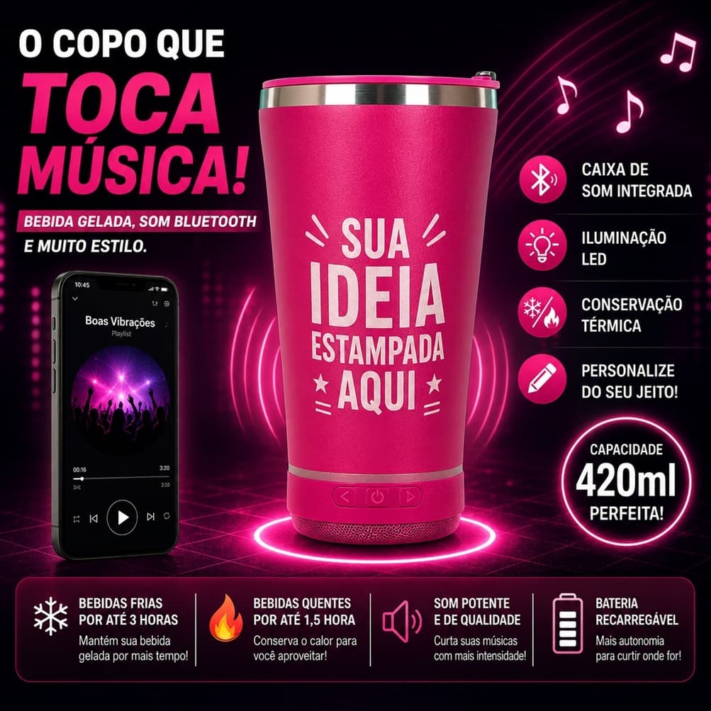 Lindo Copo Térmico Com Caixa de Som Bluetooth Personalizado a Laser Led 420ml Tampa Abridor Inox - Pink